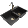 Mexen Tomas 2-Kammer Granitspüle mit Küchenarmatur Flora, schwarz/silber metallisch - 6516-73-670401-57-G
