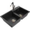 Mexen Tomas granite sink 2-bowl with Flora kitchen tap, black/silver metallic - 6516-73-670401-57-G