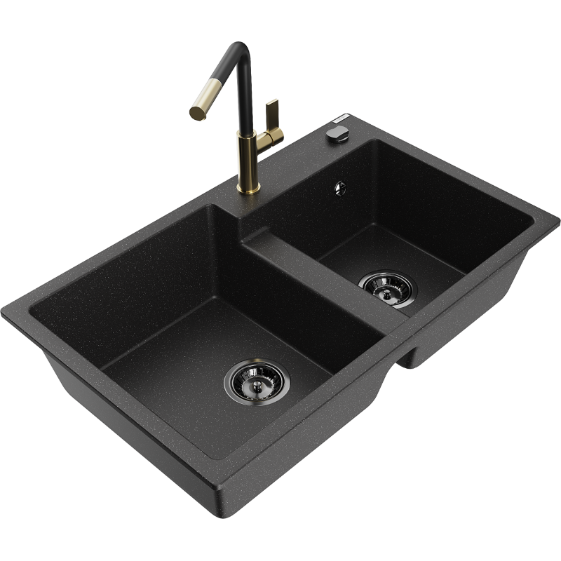Mexen Tomas fregadero de granito de 2 senos con grifo de cocina Flora, negro/plateado metálico - 6516-73-670401-57-B