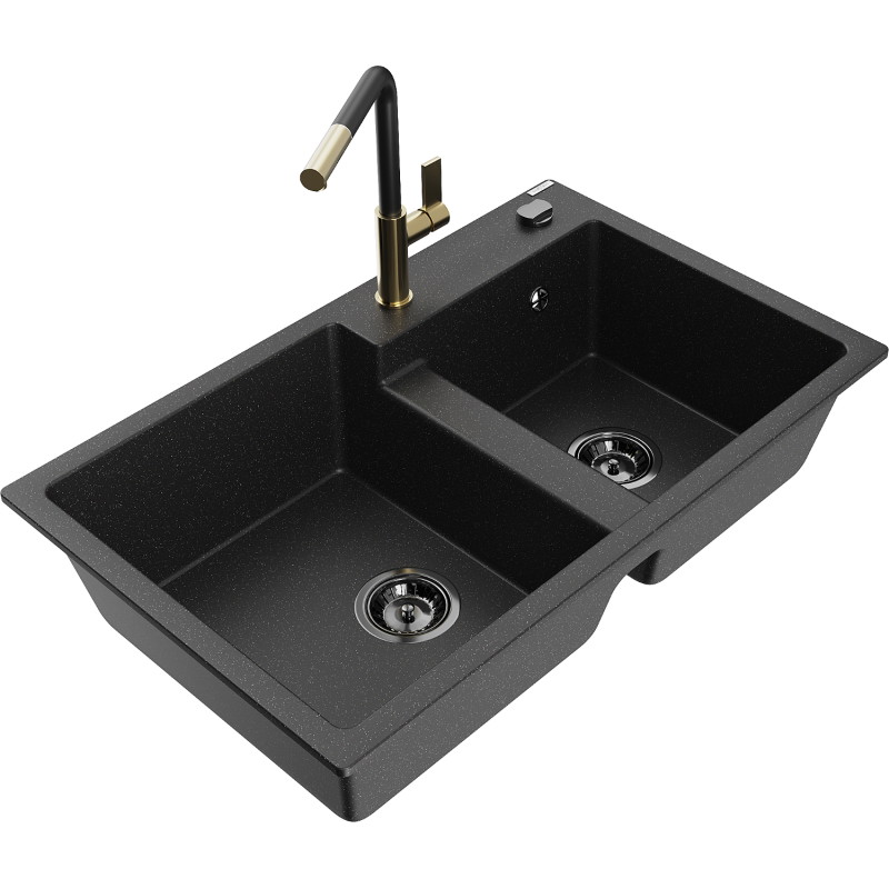 Mexen Tomas granitische spoelbak met 2 kamers en Flora keukenkraan, zwart/zilver metallic - 6516-73-670401-57-B