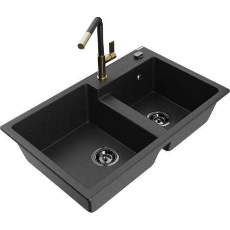 Mexen Tomas granitische spoelbak met 2 kamers en Flora keukenkraan, zwart/zilver metallic - 6516-73-670401-57-B