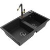 Mexen Tomas granite sink 2-bowl with Flora kitchen tap, black/silver metallic - 6516-73-670401-57-B