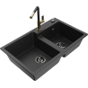 Mexen Tomas granitische spoelbak met 2 kamers en Flora keukenkraan, zwart/zilver metallic - 6516-73-670401-57-B