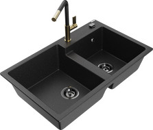 Mexen Tomas granite sink 2-bowl with Flora kitchen tap, black/silver metallic - 6516-73-670401-57-B