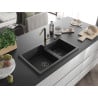 Mexen Tomas granite sink 2-bowl with Flora kitchen tap, black/silver metallic - 6516-73-670401-57-B