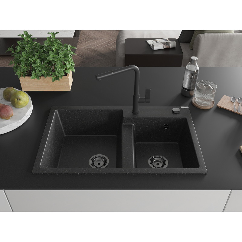 Mexen Tomas granitspüle 2-Becken mit Küchenarmatur Flora, schwarz/silber metallic - 6516-73-670401-70-B