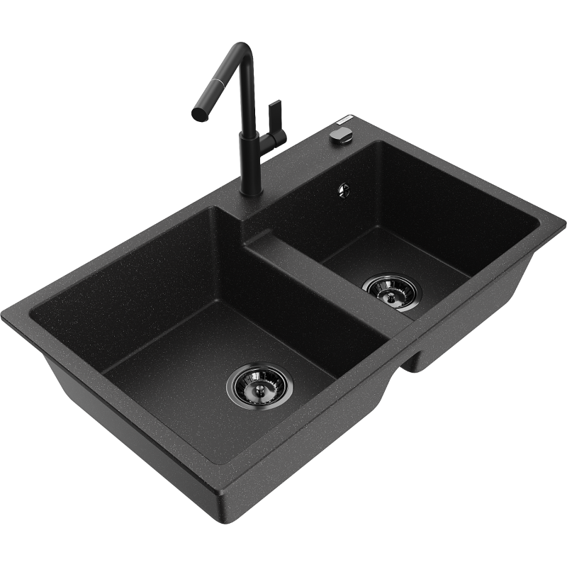 Mexen Tomas granite sink 2-bowl with Flora kitchen tap, black/silver metallic - 6516-73-670401-70-B
