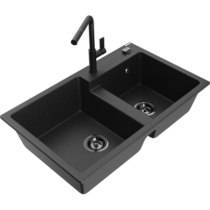 Mexen Tomas lavello in granito a 2 vasche con miscelatore da cucina Flora, nero/argento metallizzato - 6516-73-670401-70-B