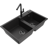 Mexen Tomas granite sink 2-bowl with Flora kitchen tap, black/silver metallic - 6516-73-670401-70-B