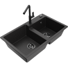 Mexen Tomas granitspüle 2-Becken mit Küchenarmatur Flora, schwarz/silber metallic - 6516-73-670401-70-B