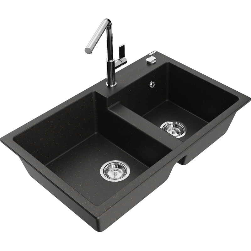 Mexen Tomas fregadero de granito de 2 compartimentos con grifo de cocina Flora, negro/oro metálico - 6516-75-670401-00