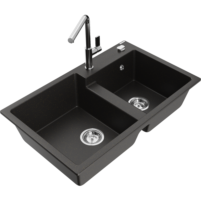 Mexen Tomas Graniittinen kaksialtainen keittiöallas Flora-keittiöhanalla, musta/kultainen metallihohto - 6516-75-670401-00