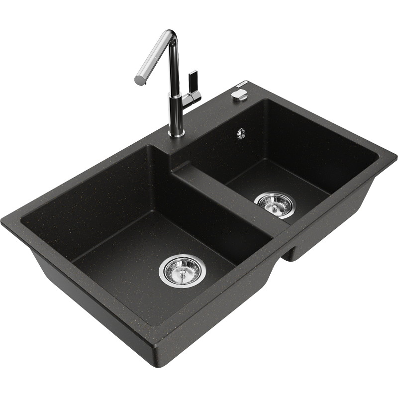 Mexen Tomas Granitspüle 2-Kammern mit Küchenarmatur Flora, schwarz/gold metallic - 6516-75-670401-00