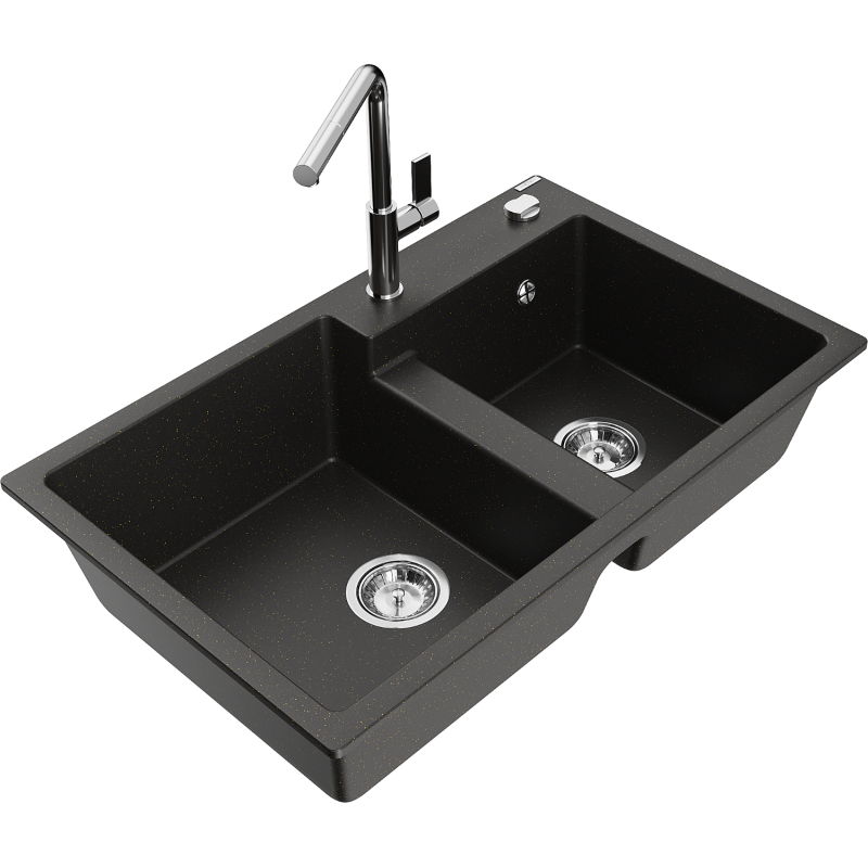 Mexen Tomas lavello in granito a 2 vasche con miscelatore cucina Flora, nero/oro metallizzato - 6516-75-670401-00