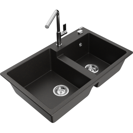Mexen Tomas granieten spoelbak 2-vaks met keukenkraan Flora, zwart/goud metallic - 6516-75-670401-00