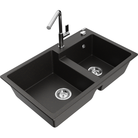 Mexen Tomas Granite Sink 2-Compartment with Flora Kitchen Faucet, Black/Gold Metallic - 6516-75-670401-00