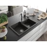 Mexen Tomas granite sink 2-bowl with kitchen tap Flora, black/golden metallic - 6516-75-670401-07