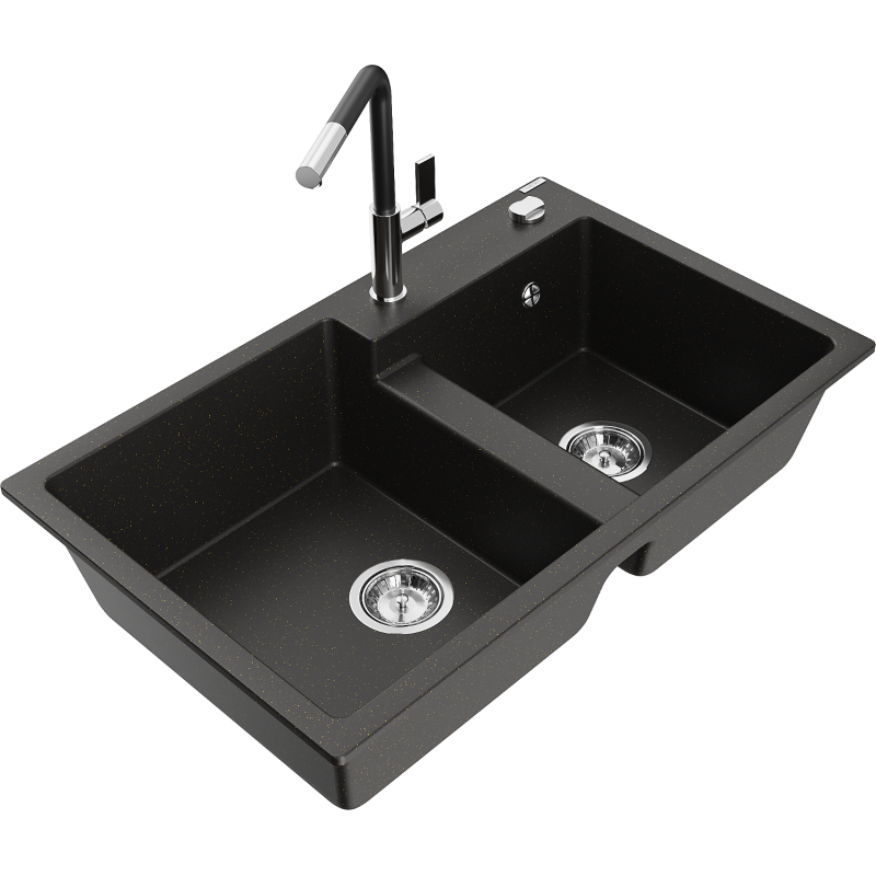 Mexen Tomas granite sink 2-bowl with kitchen tap Flora, black/golden metallic - 6516-75-670401-07