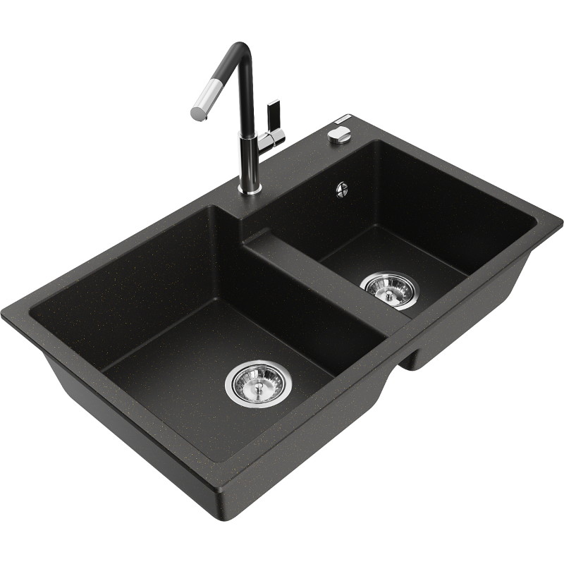 Mexen Tomas granitische spoelbak met 2 kommen met Flora keukenmengkraan, zwart/gouden metallic - 6516-75-670401-07