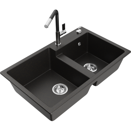 Mexen Tomas 2-Kammer-Granispülbecken mit Küchenarmatur Flora, schwarz/gold metallic - 6516-75-670401-07