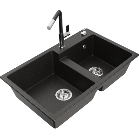 Mexen Tomas granite sink 2-bowl with kitchen tap Flora, black/golden metallic - 6516-75-670401-07