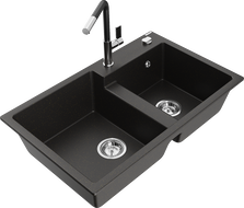 Mexen Tomas fregadero de granito de 2 compartimentos con grifo de cocina Flora, negro/metalizado dorado - 6516-75-670401-07