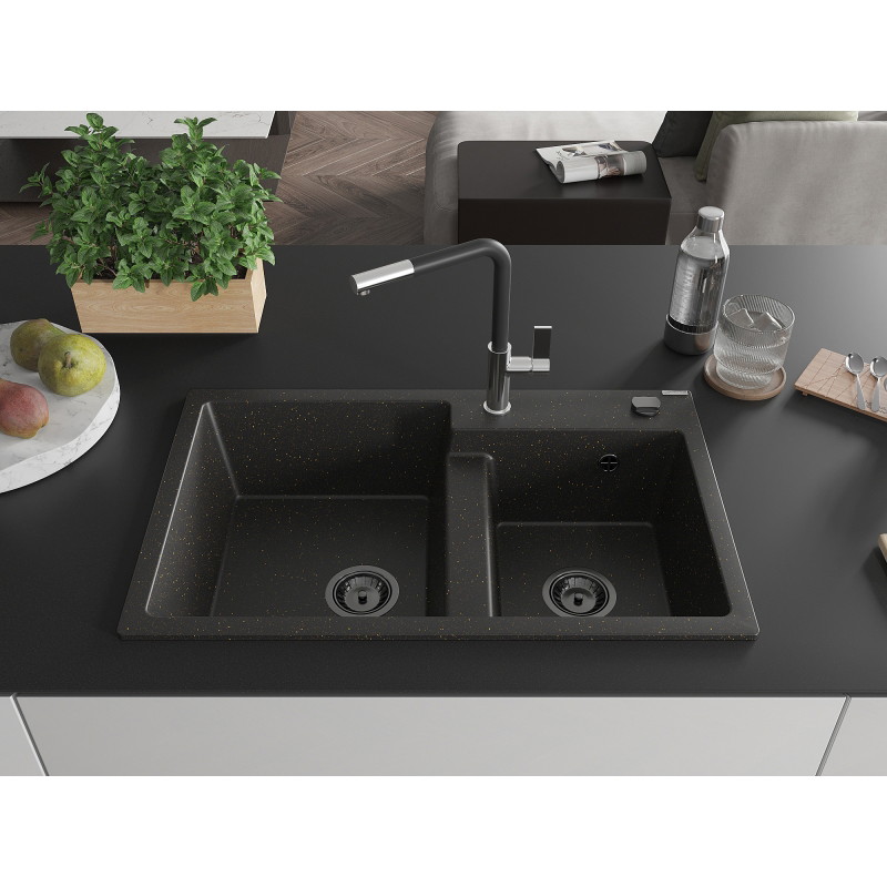 Mexen Tomas granitische gootsteen met 2 kamers en keukenkraan Flora, zwart/gouden metallic - 6516-75-670401-07-B