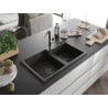Mexen Tomas granite sink 2-chamber with kitchen tap Flora, black/gold metallic - 6516-75-670401-07-B