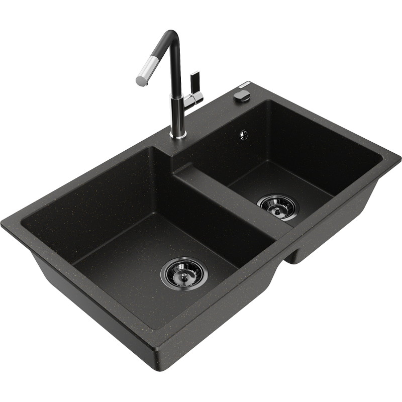 Mexen Tomas fregadero de granito de 2 compartimentos con grifo de cocina Flora, negro/dorado metálico - 6516-75-670401-07-B