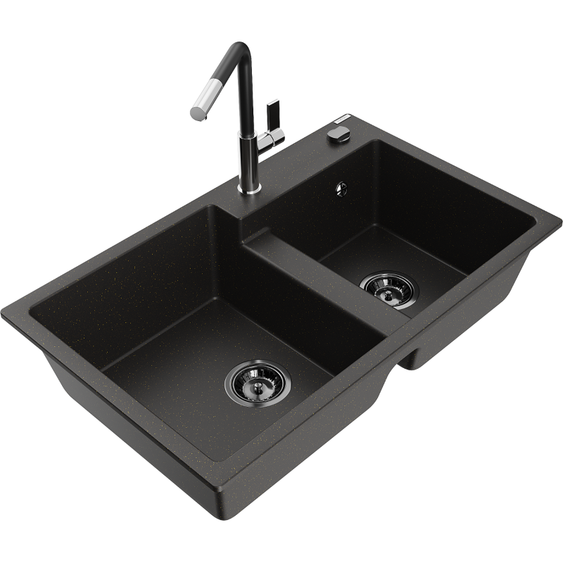 Mexen Tomas fregadero de granito de 2 senos con grifo de cocina Flora, negro/metalizado dorado - 6516-75-670401-07-B