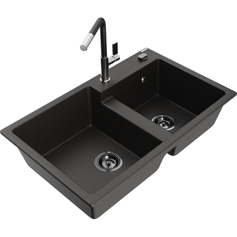 Mexen Tomas granite sink 2-chamber with kitchen tap Flora, black/gold metallic - 6516-75-670401-07-B