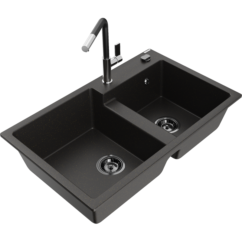 Mexen Tomas lava-loiça de granito de 2 cubas com torneira de cozinha Flora, preto/dourado metálico - 6516-75-670401-07-B