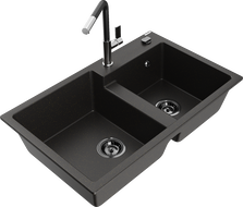Mexen Tomas granite sink 2-chamber with kitchen tap Flora, black/gold metallic - 6516-75-670401-07-B