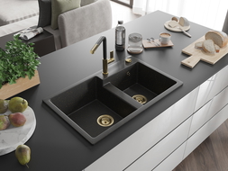 Mexen Tomas lavello in granito a 2 vasche con miscelatore cucina Flora, nero/dorato metallico - 6516-75-670401-57-G