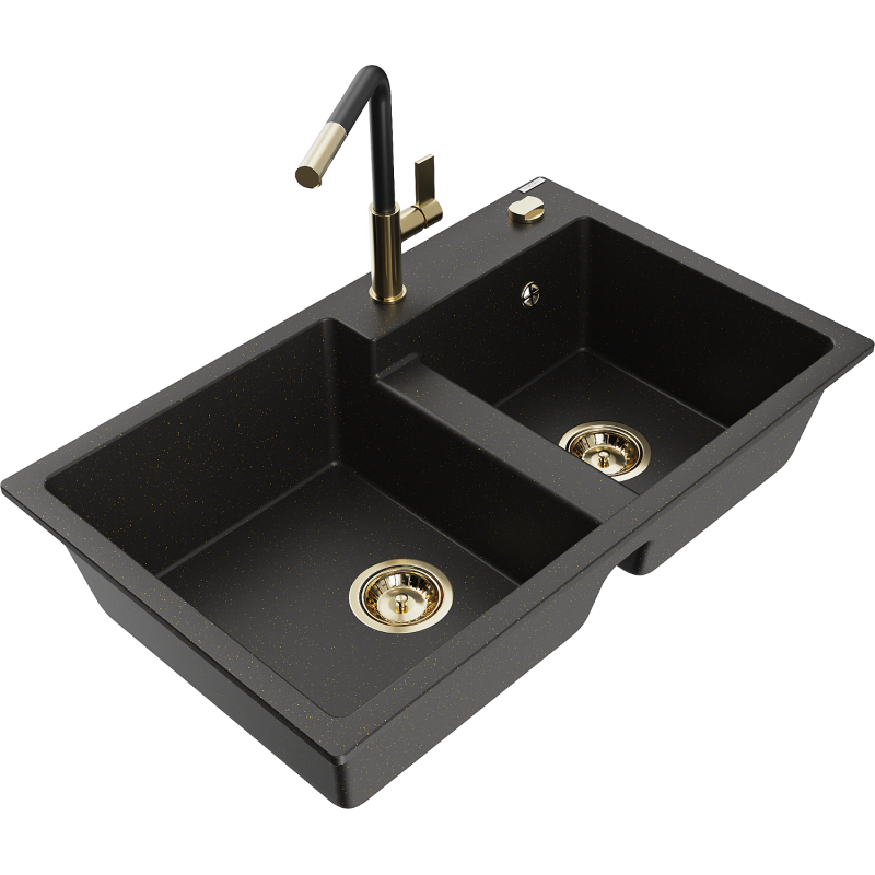 Mexen Tomas Granite Kitchen Sink 2-Bowl with Flora Kitchen Tap, Black/Gold Metallic - 6516-75-670401-57-G