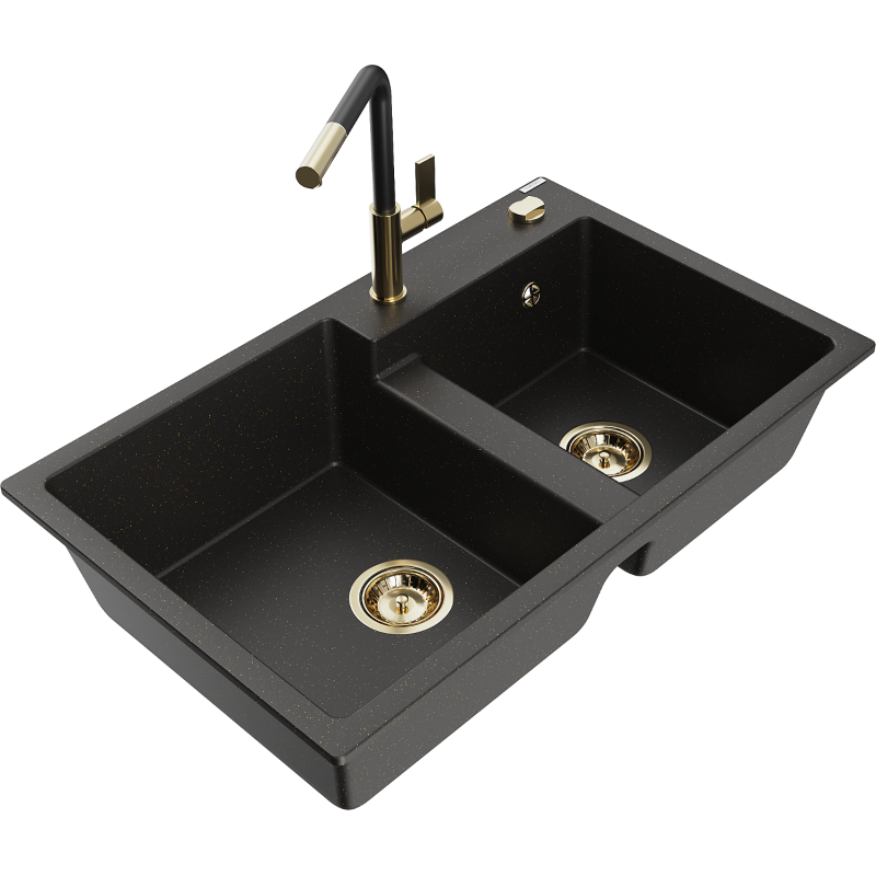 Mexen Tomas lava-louça de granito de 2 cubas com misturadora de cozinha Flora, preto/dourado metálico - 6516-75-670401-57-G
