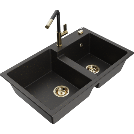 Mexen Tomas Granite Kitchen Sink 2-Bowl with Flora Kitchen Tap, Black/Gold Metallic - 6516-75-670401-57-G