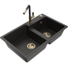Mexen Tomas fregadero de granito de 2 compartimientos con grifo de cocina Flora, negro/dorado metálico - 6516-75-670401-57-G