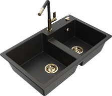 Mexen Tomas Granite Kitchen Sink 2-Bowl with Flora Kitchen Tap, Black/Gold Metallic - 6516-75-670401-57-G