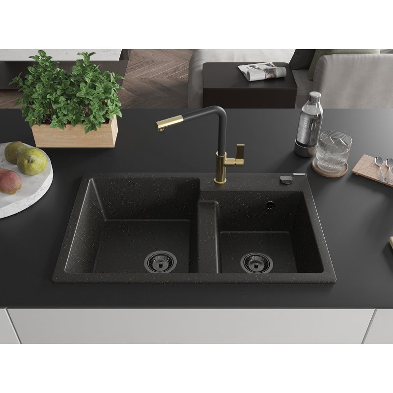 Mexen Tomas granite sink 2-bowl with Flora kitchen tap, black/gold metallic - 6516-75-670401-57-B
