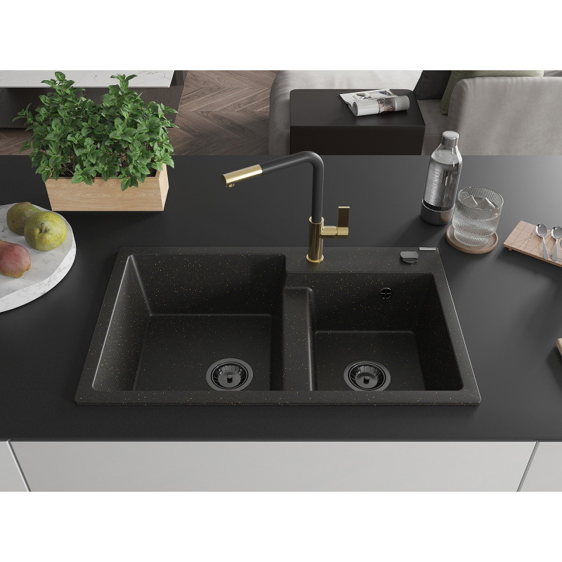 Mexen Tomas Granitspüle 2-becken mit Küchenarmatur Flora, schwarz/gold metallic - 6516-75-670401-57-B