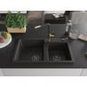 Mexen Tomas granite sink 2-bowl with Flora kitchen tap, black/gold metallic - 6516-75-670401-57-B
