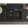 Mexen Tomas granite sink 2-bowl with Flora kitchen tap, black/gold metallic - 6516-75-670401-57-B