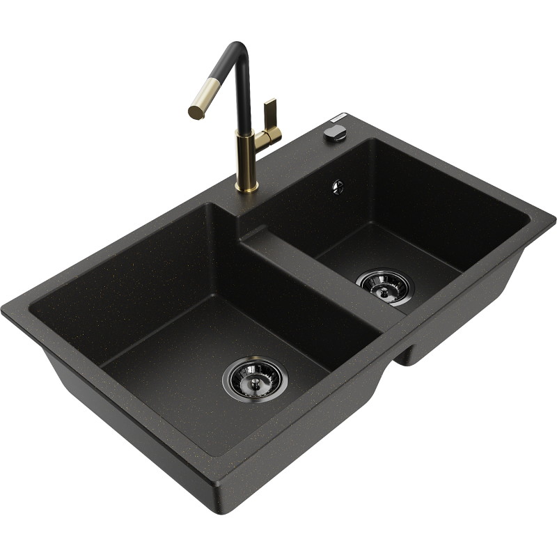 Mexen Tomas fregadero de granito de 2 compartimentos con grifo de cocina Flora, negro/dorado metálico - 6516-75-670401-57-B
