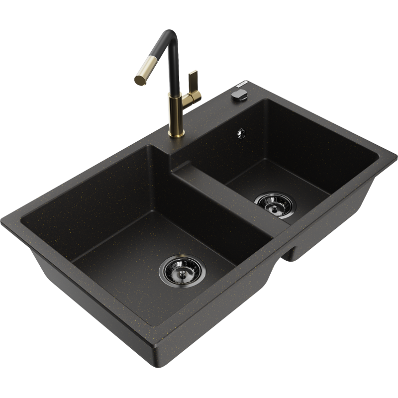 Mexen Tomas fregadero de granito de 2 senos con grifo de cocina Flora, negro/dorado metálico - 6516-75-670401-57-B