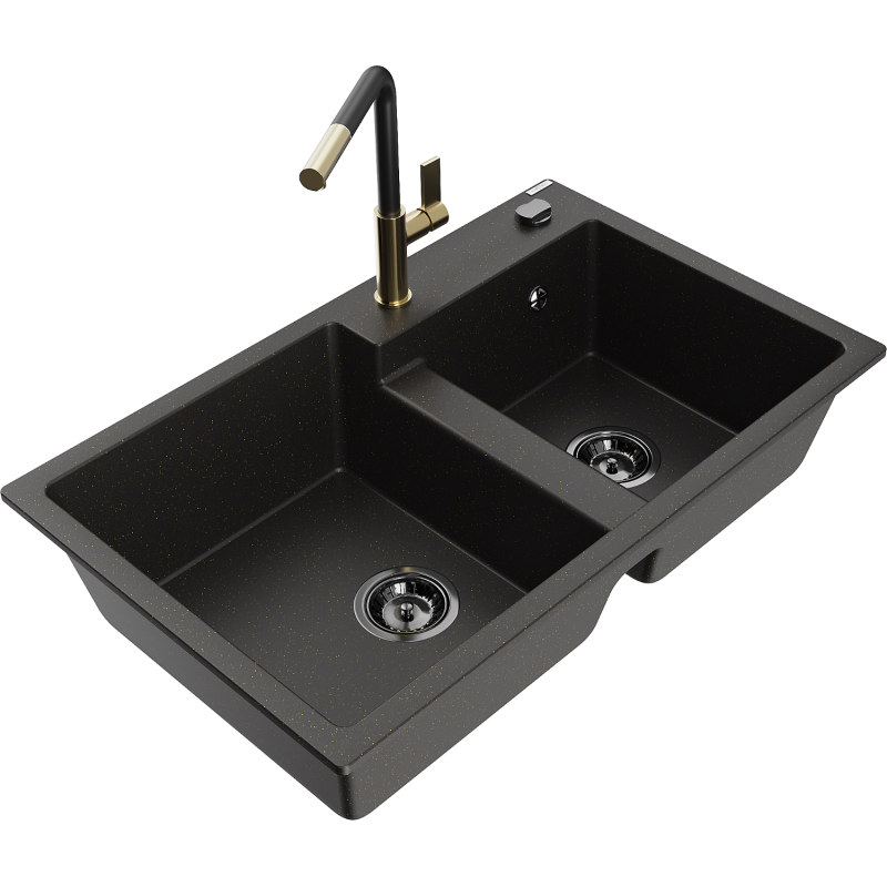 Mexen Tomas granieten gootsteen 2-kamers met keukenkraan Flora, zwart/goud metallic - 6516-75-670401-57-B