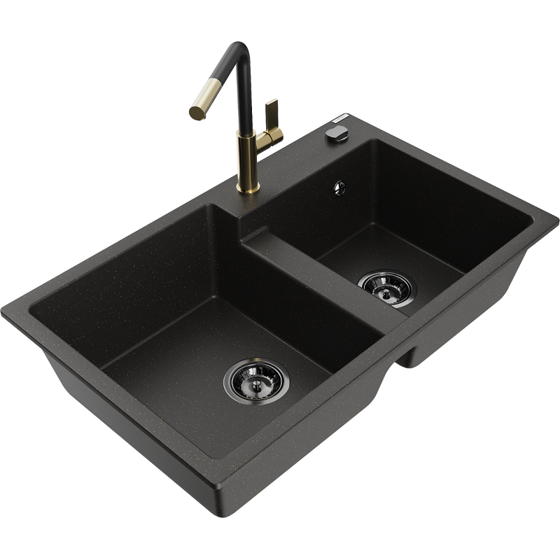 Mexen Tomas granite sink 2-bowl with Flora kitchen tap, black/gold metallic - 6516-75-670401-57-B