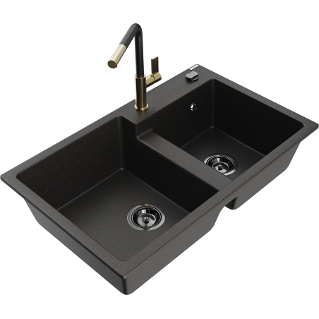 Mexen Tomas granieten gootsteen 2-kamers met keukenkraan Flora, zwart/goud metallic - 6516-75-670401-57-B