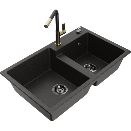 Mexen Tomas granite sink 2-bowl with Flora kitchen tap, black/gold metallic - 6516-75-670401-57-B