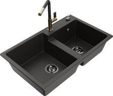 Mexen Tomas granite sink 2-bowl with Flora kitchen tap, black/gold metallic - 6516-75-670401-57-B